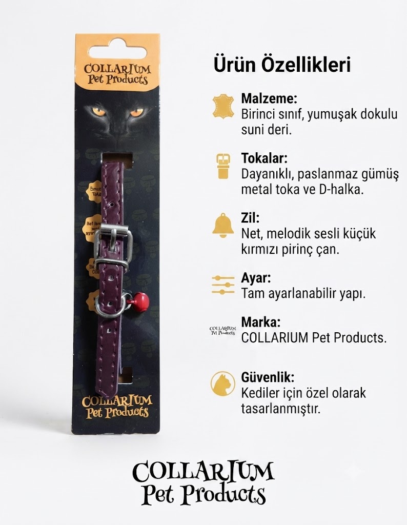 Collarium Pet Products Yumuşak Dokulu Ayarlanabilir Çanlı Kedi Boyun Tasması (Mürdüm)